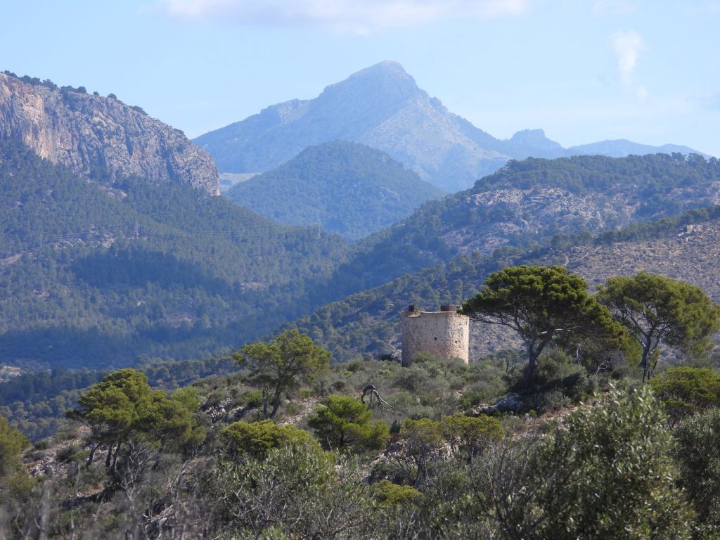 La torre de Cap Andritxol y el monte Galatzó al fondo.